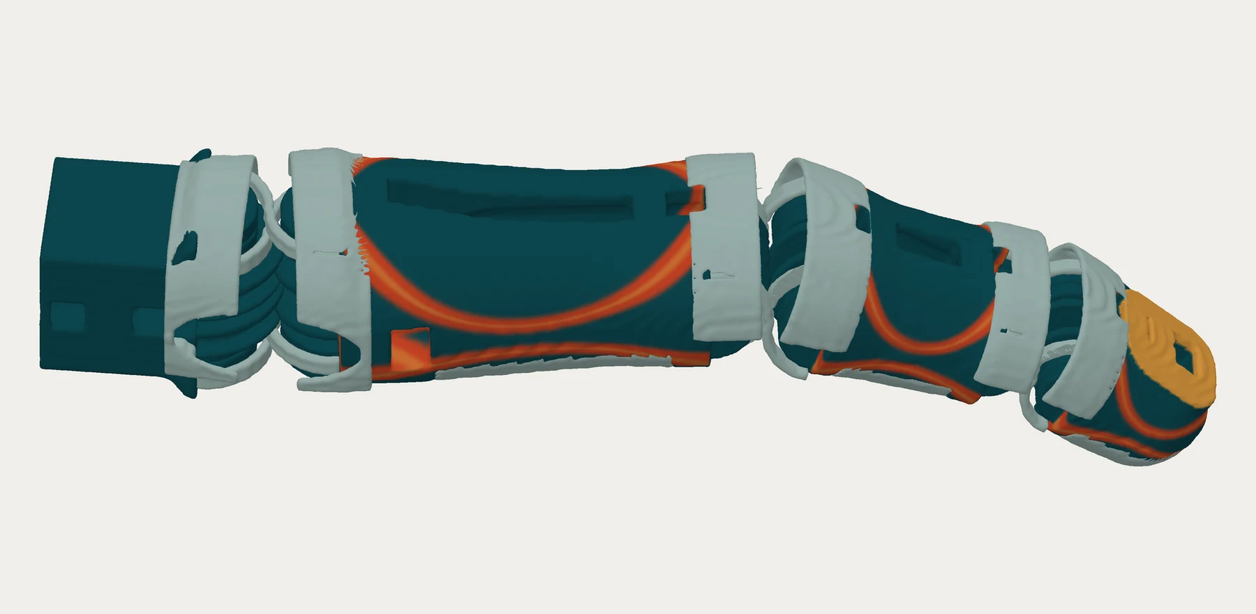 V20 digital finger model with articulated teal segments, pale joint structures and orange routed features