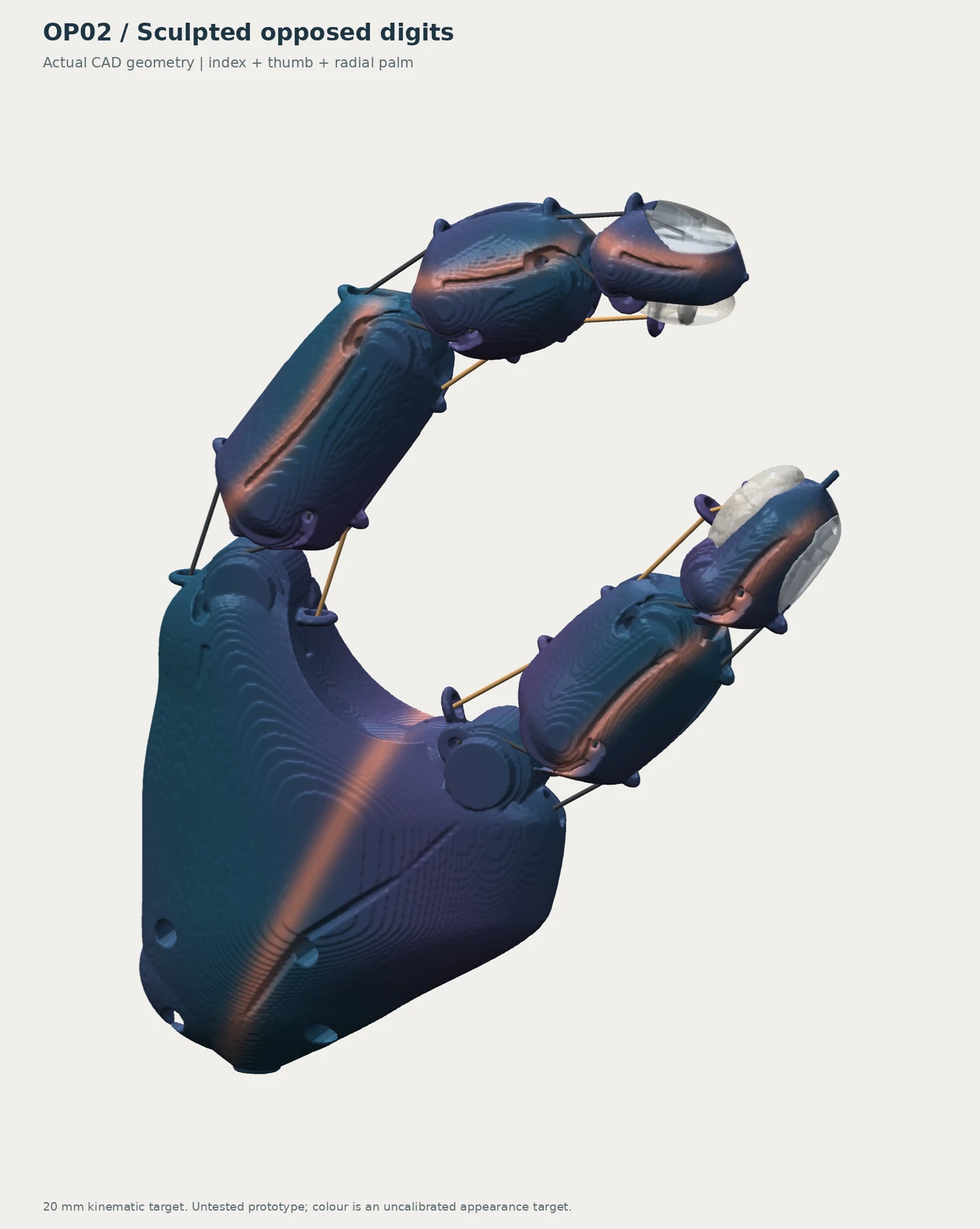 Dark blue sculpted thumb-and-index CAD model with visible tendon routes