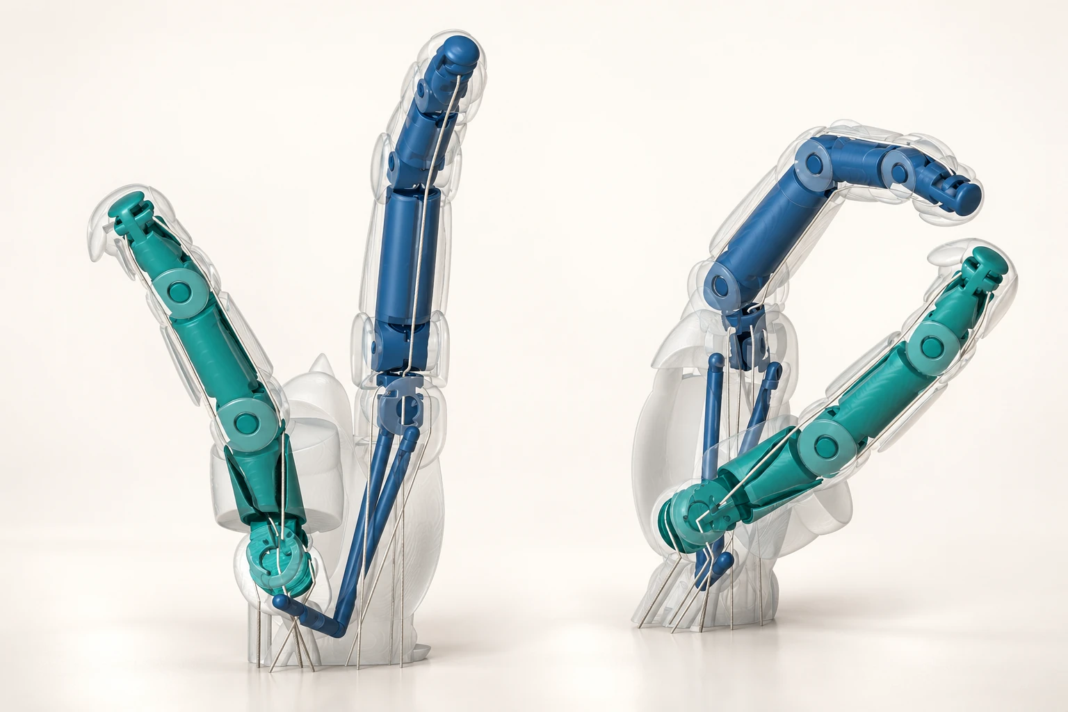 Studio visualisation of the clear-skinned blue and teal thumb-and-index design in open and curled poses